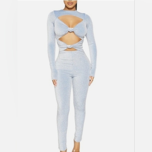 NAKED WARDROBE Glow On Long Sleeve Cut-out Knotted Metallic Sparkle Jumpsuit XL - Picture 4 of 14